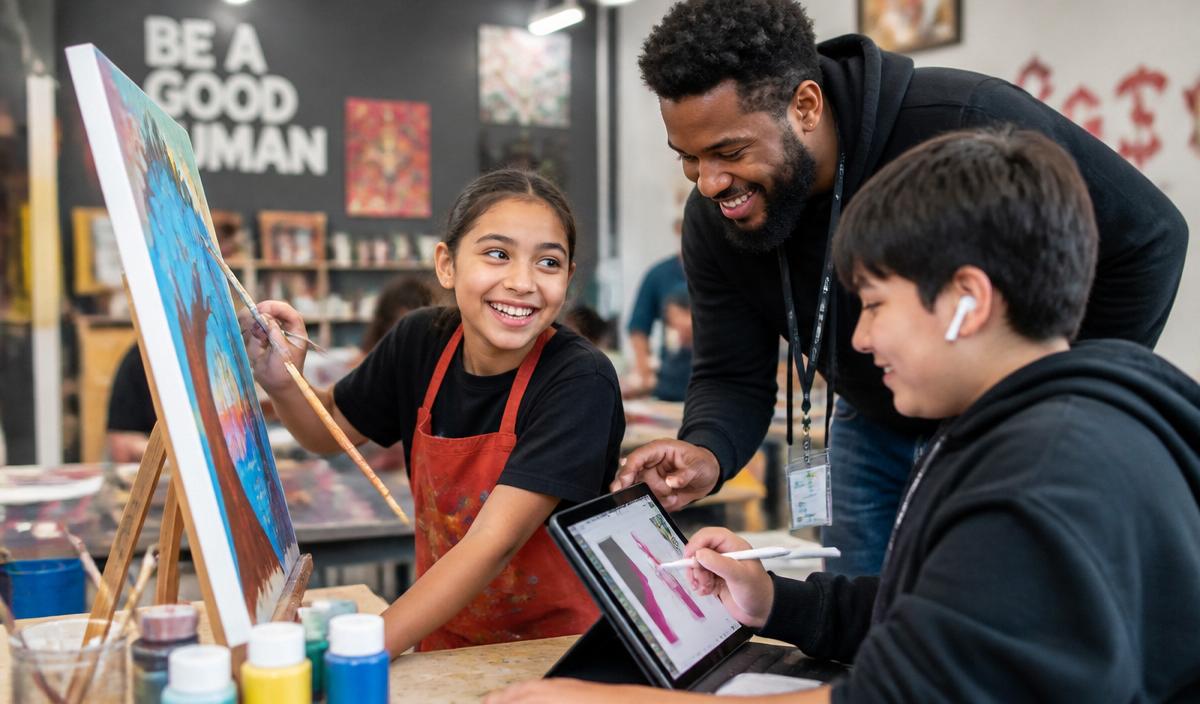 Youth creating art and digital designs with a mentor in a Build Arena studio